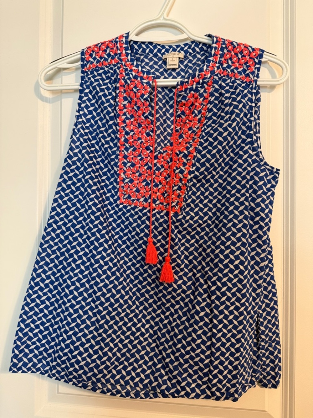 J. Crew Blue and White Geometric Sleeveless Top with Red Embroidered Yoke